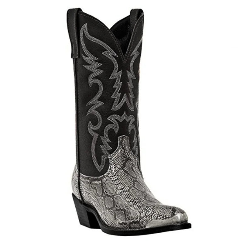 Snake Pattern Cowboy Men Handmade Mid-calf Boots Retro Pointed-top Western Boots Zara-Craft
