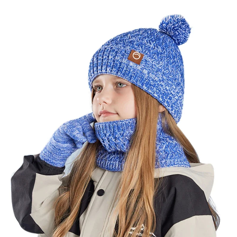 New Children Hats Scarf Gloves Set Cute Bear Colorful Knitted Hat Plus Velvet Warm Hoods Caps for Girls Baby Outdoor Accessories NS Superstore