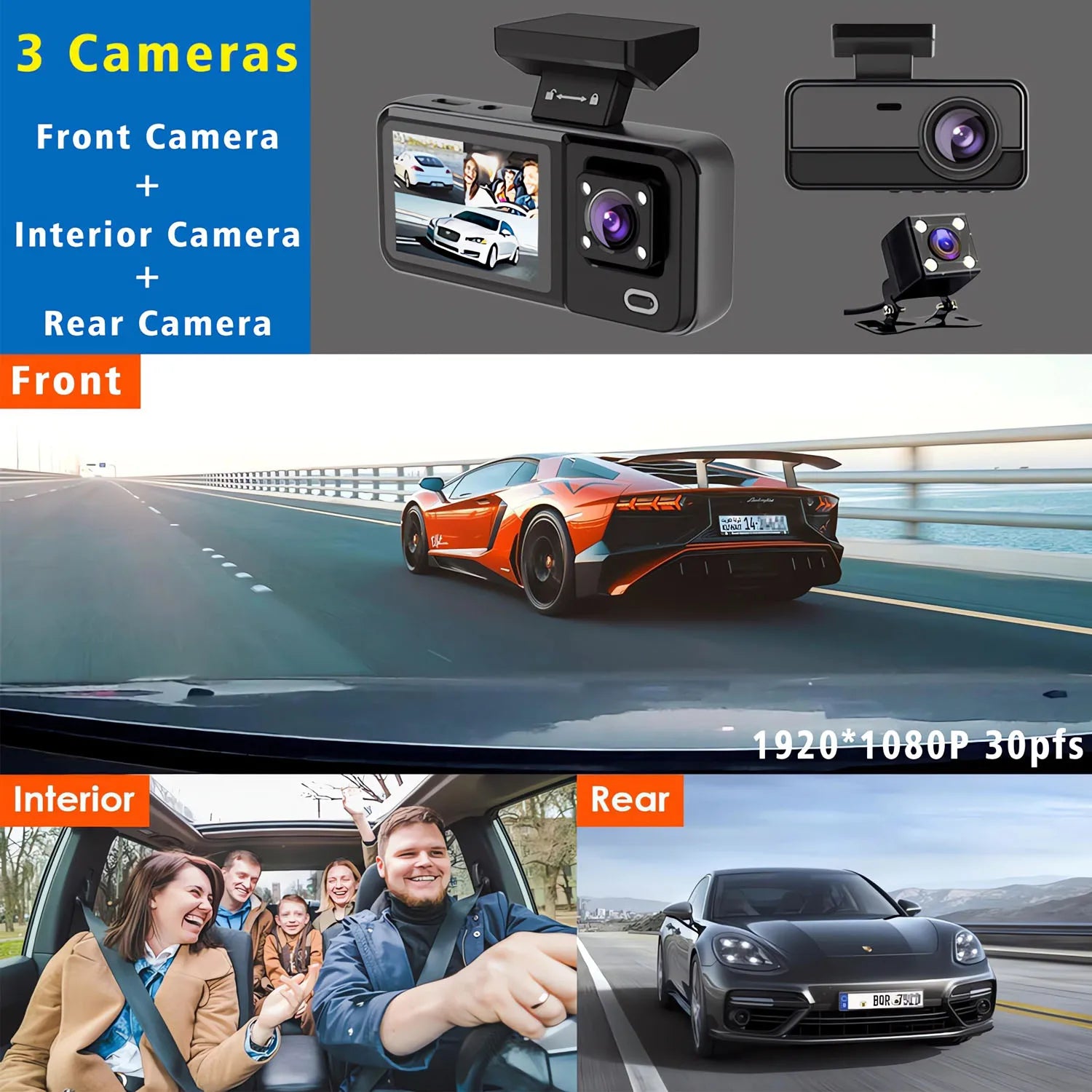 3 Channel WIFI Car DVR HD 1080P Cabin Vehicle Dash Cam Three Way Camera DVRs Recorder Video