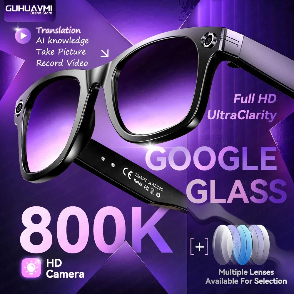 GUHUAVMI AI Smart Glasses with 8MP Camera Video Recording 100+ Languages Translation Sunglasses Bluetooth Call Music Play