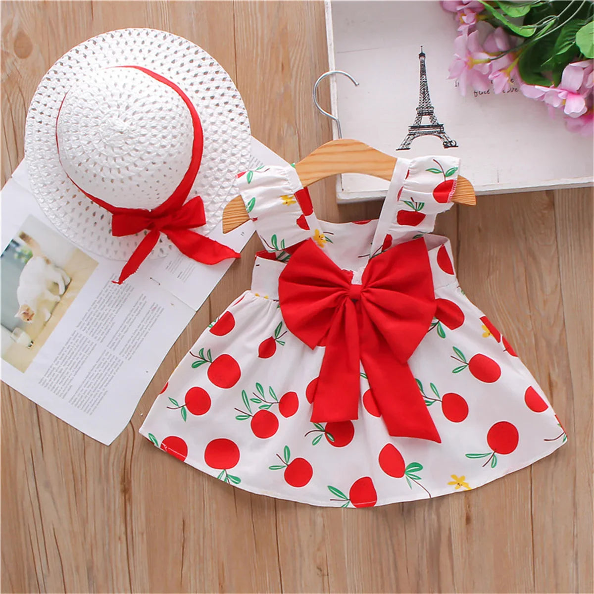 2Pcs/SetSummer girls dress children's clothing new small suspender bow orange print vest skirt with hat as a gift NS Superstore