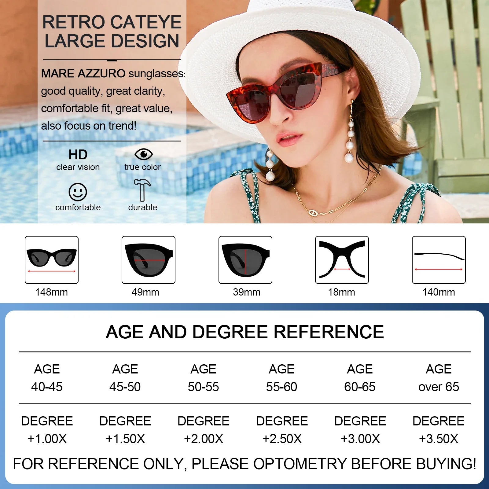 MARE AZZURO Reading Sunglasses Women Vintage Computer Glasses For Farsightedness Cat Eye Magnifying Readers