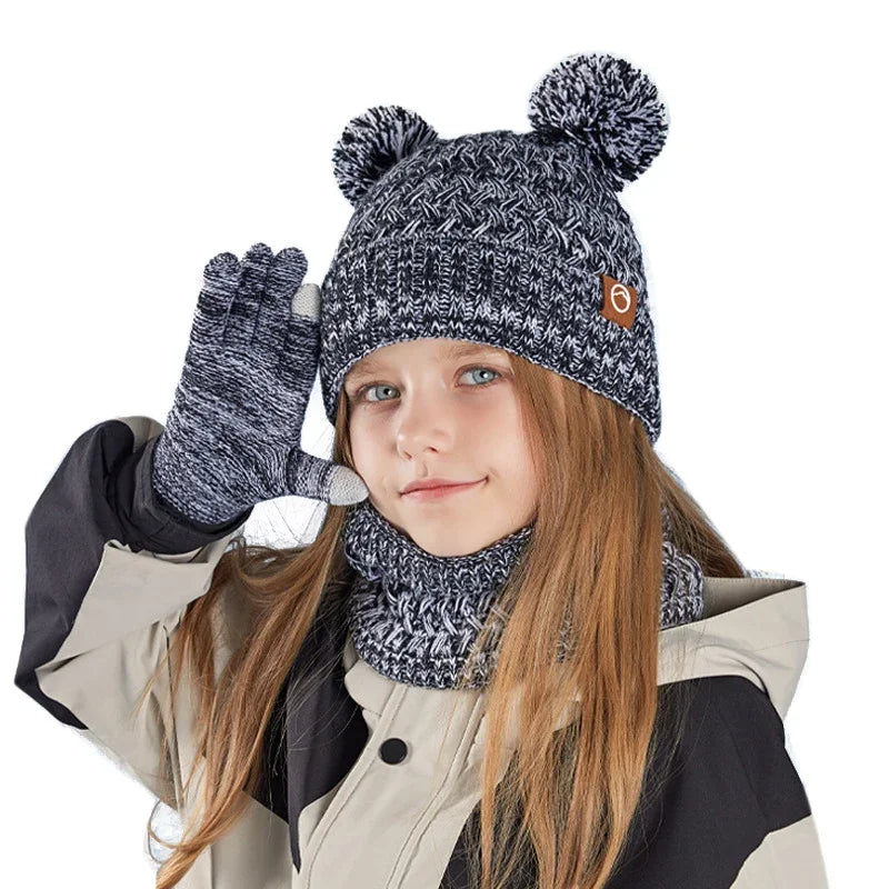New Children Hats Scarf Gloves Set Cute Bear Colorful Knitted Hat Plus Velvet Warm Hoods Caps for Girls Baby Outdoor Accessories NS Superstore