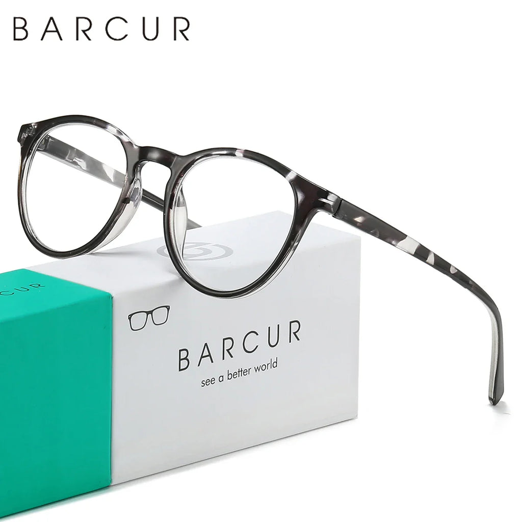 BARCUR Simple Men’s Presbyopia Glasses Comfortable Lightweight Leopard Pattern PC Anti-Slip Round Frame Transparent Acrylic Lenses for Women’s Reading Glasses