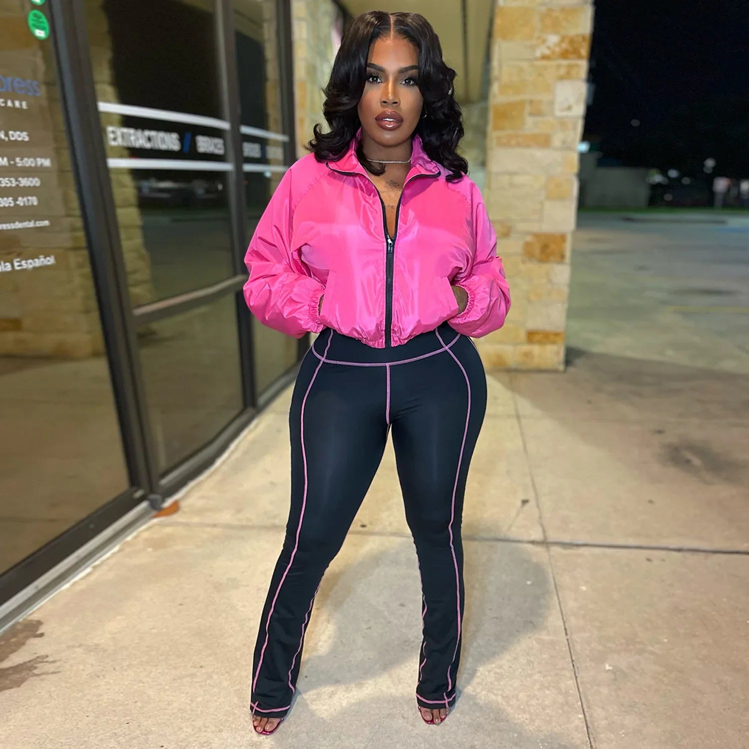 Velocity Luxe Zip-Front Active 2-Piece Set | Contrast Stitch Leggings & Cropped Jacket