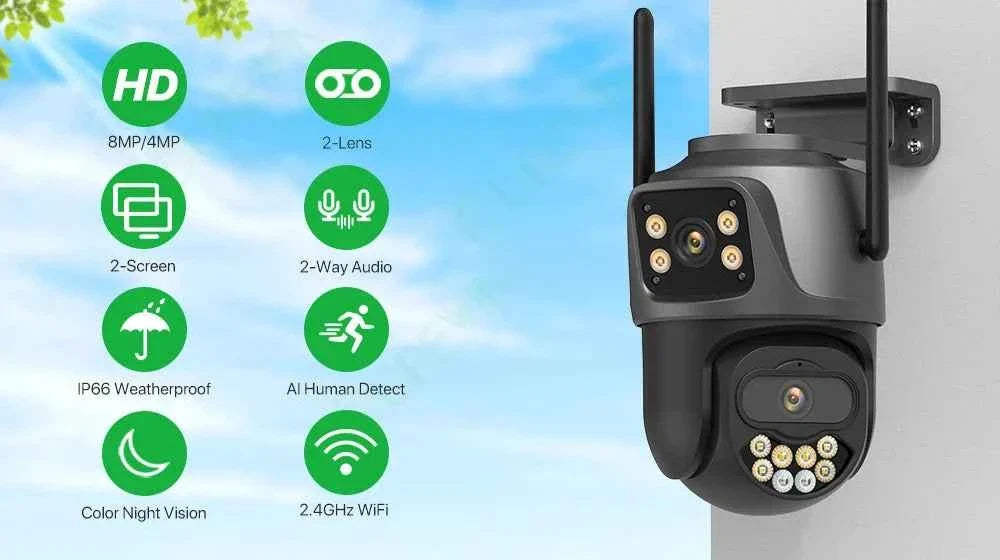 External Wifi PTZ Camera Dual Lens 4K 8MP HD Outdoor IP Camera 4MP Auto Tracking Security Protection CCTV Surveillance iCsee P2P WTN Essentials