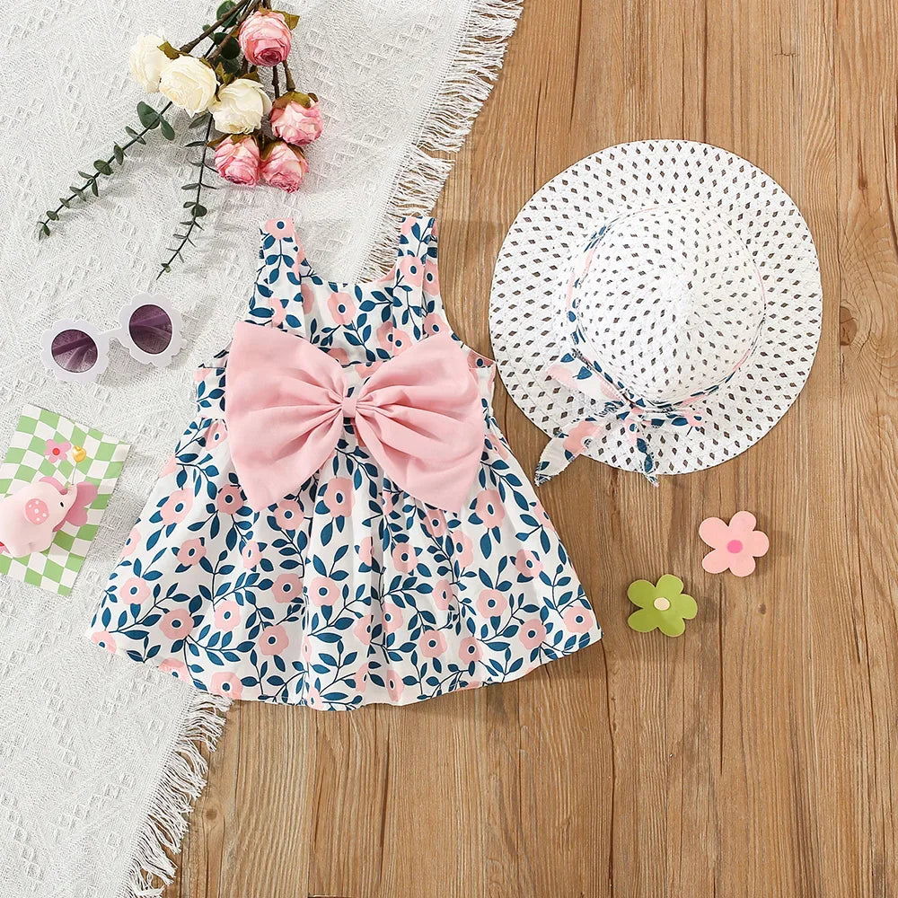 Summer New Girls Dress Halter Ribbon Ribbon Full Print Floral A-line Dress Birthday Party Team Dress + Hat Bow Ribbon NS Superstore