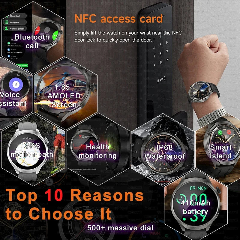 New GPS Sports NFC Fashion Smartwatch Men's 1.85 "AMOLED Screen Heart Rate Blood Pressure Health Smart Watch For Huawei IOS