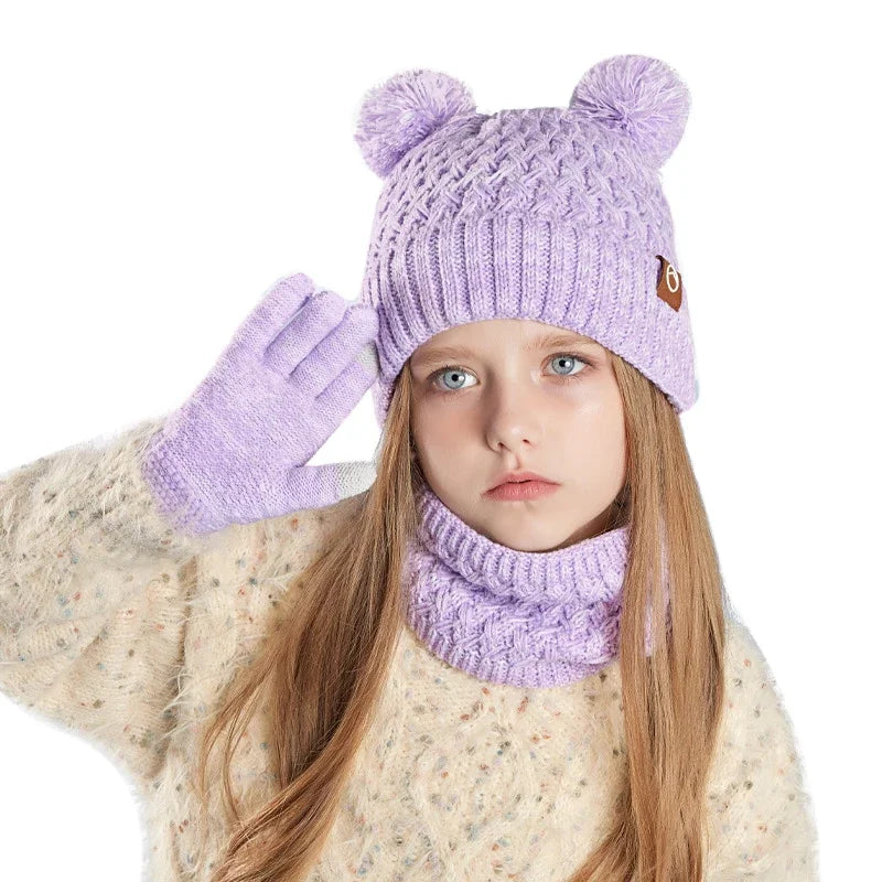 New Children Hats Scarf Gloves Set Cute Bear Colorful Knitted Hat Plus Velvet Warm Hoods Caps for Girls Baby Outdoor Accessories NS Superstore