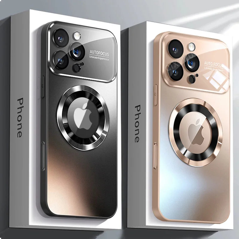 Luxury Glass Camera Lens Case for MagSafe Magnetic Wireless Charging, Shockproof Cover for iPhone 11 12 13 14 15 16 Pro Max Plus