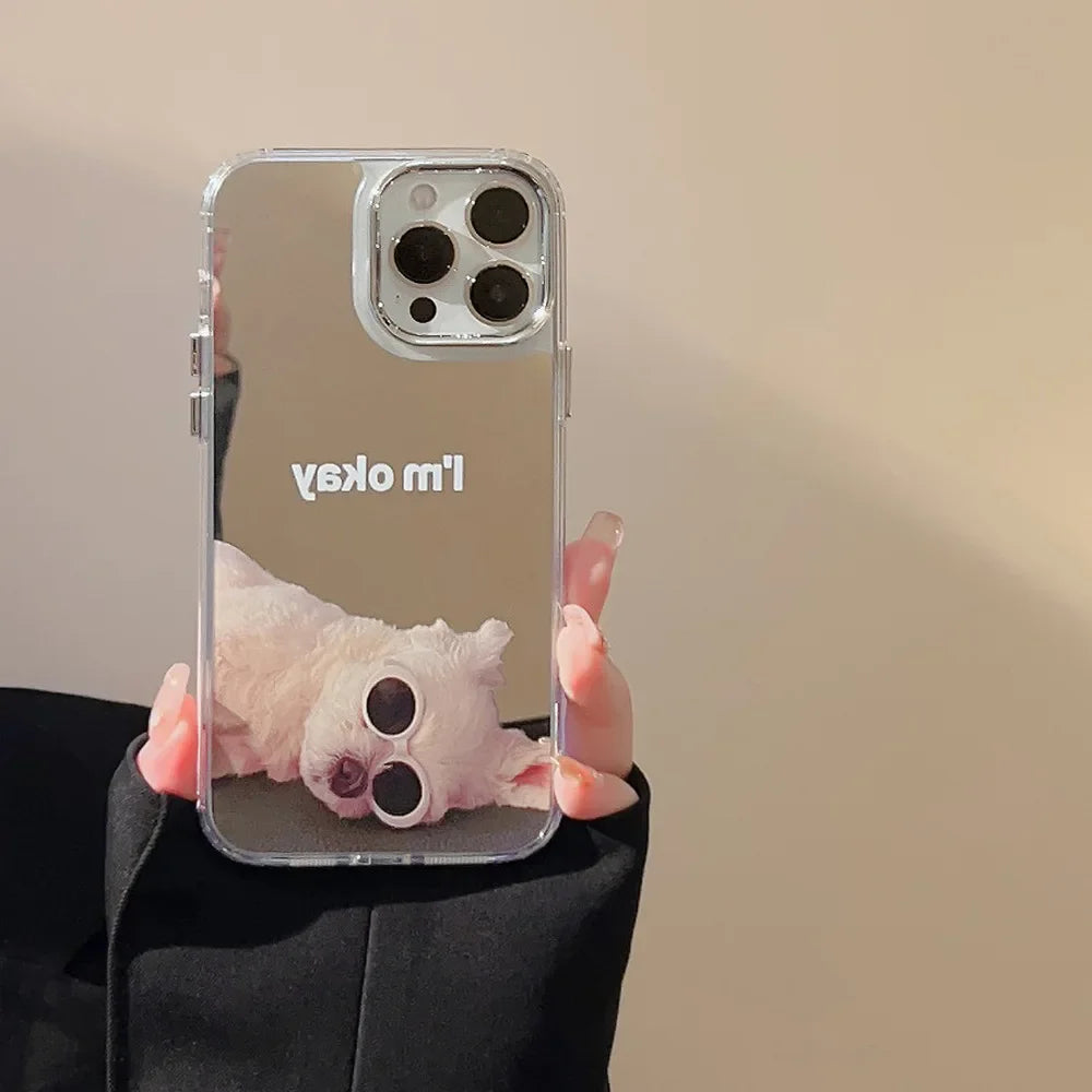 Ins Sunglass Dog Pattern Electroplated Makeup Mirror Phone Case For iPhone