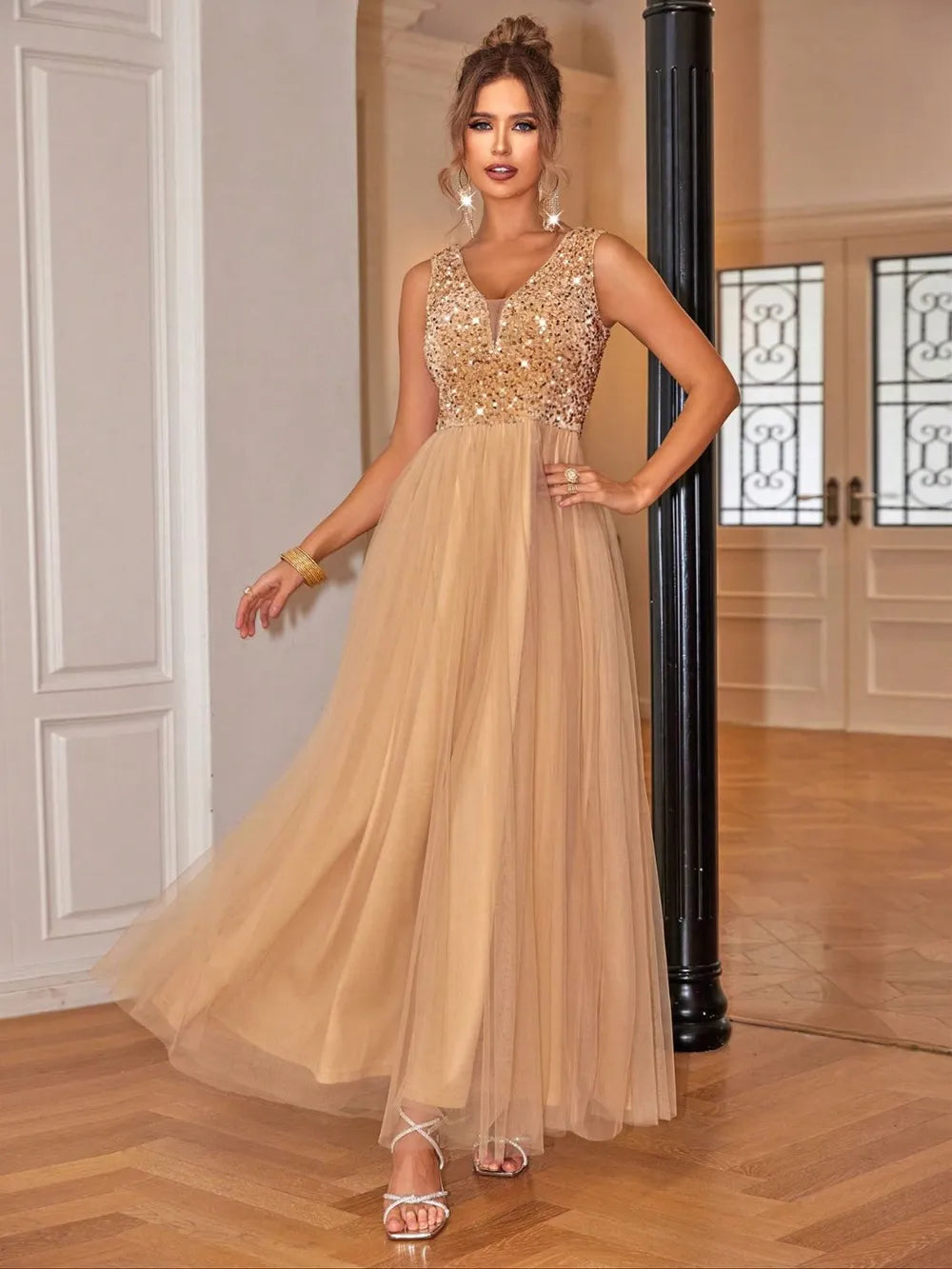 Sequin V-Neck Sleeveless Dress.