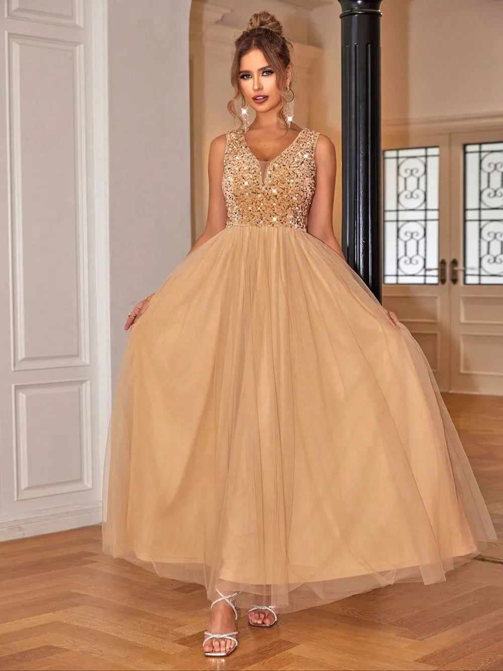 Sequin V-Neck Sleeveless Dress.