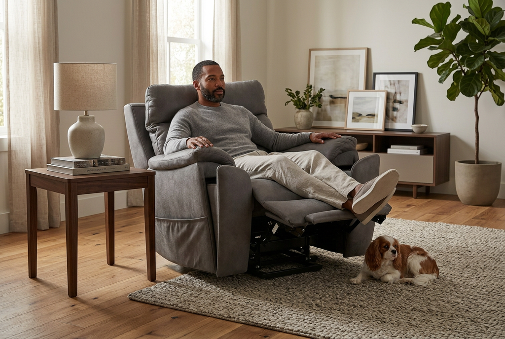 Serenity Slate Grey Ultra Infinite Position Lift Chair with Power Headrest, Heat, Massage & Wireless Charging Ornate Furniture