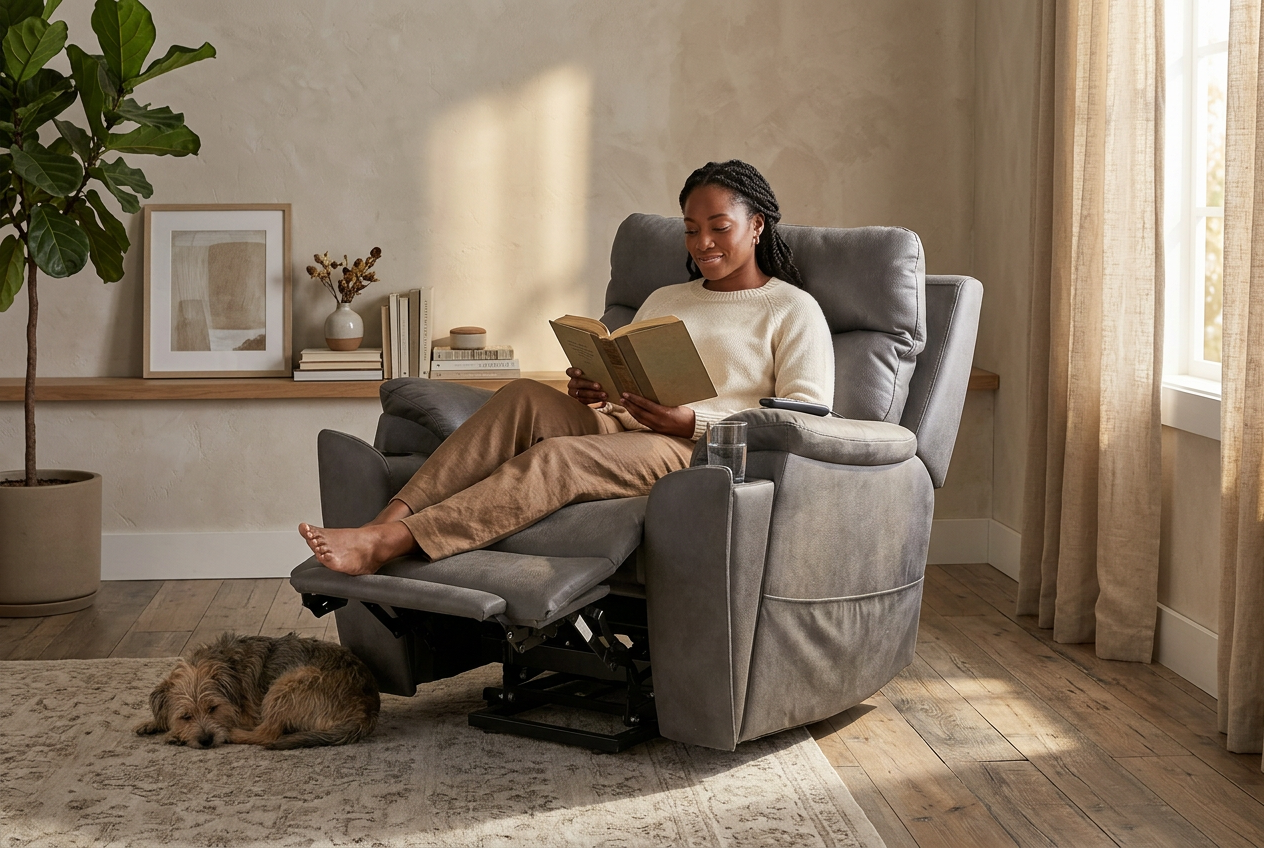 Serenity Slate Grey Ultra Infinite Position Lift Chair with Power Headrest, Heat, Massage & Wireless Charging Ornate Furniture