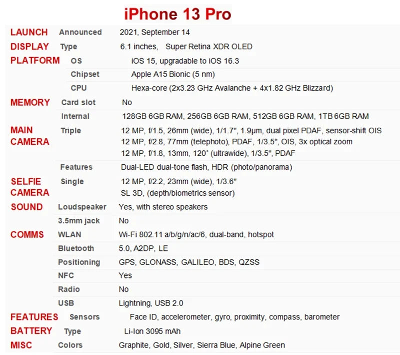 (Refurbished) Apple iPhone 13 Pro 128/256/512GB/1TB ROM 6.1" Super Retina OLED RAM 6GB A15 IOS Face ID NFC 5G Smartphone 13pro