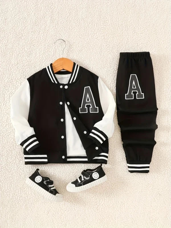 Boys' Black and White Letter "A" Varsity Jacket and Sweatpants Two-Piece Set FLIPSTYLEZLLC