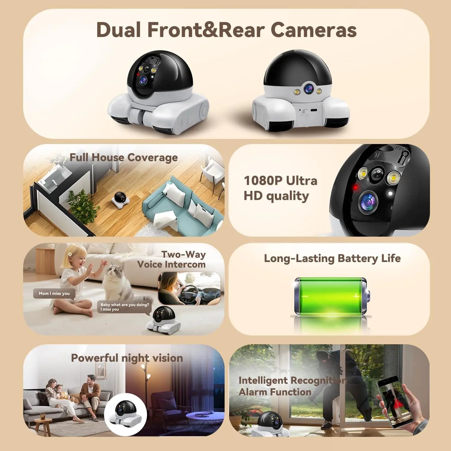 Indoor Security Camera 1080P Dual Lens, Mobile Robot with Wheels, Two-Way Audio, Remote-Controlled Bot with Night Vision, App-Controlled for Home Safety, Pets, Baby, Elderly FLIPSTYLEZLLC