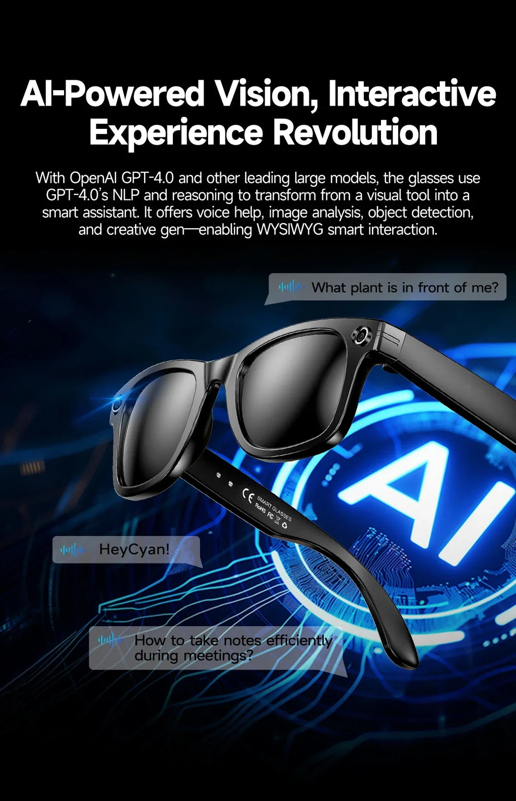 GUHUAVMI AI Smart Glasses with 8MP Camera Video Recording 100+ Languages Translation Sunglasses Bluetooth Call Music Play