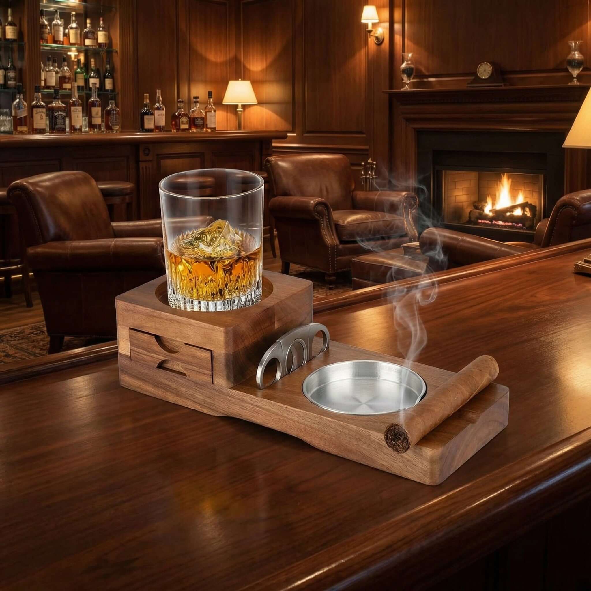 Multifunction Cigar & Whiskey Gift Set Stand with Ashtray and Drawer DDR BBQ Supply