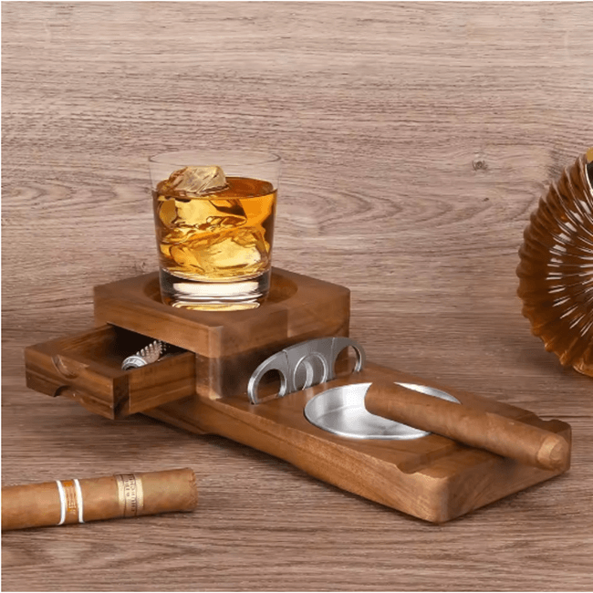 Multifunction Cigar & Whiskey Gift Set Stand with Ashtray and Drawer DDR BBQ Supply