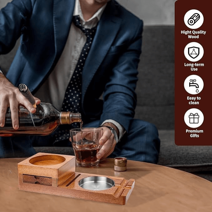 Multifunction Cigar & Whiskey Gift Set Stand with Ashtray and Drawer DDR BBQ Supply