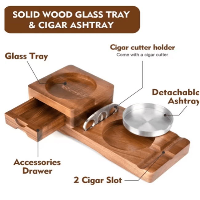Multifunction Cigar & Whiskey Gift Set Stand with Ashtray and Drawer DDR BBQ Supply