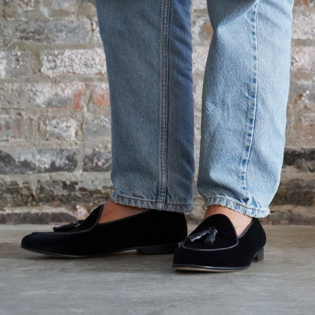 Men's Black Velvet Tassel Loafer Del Toro Shoes