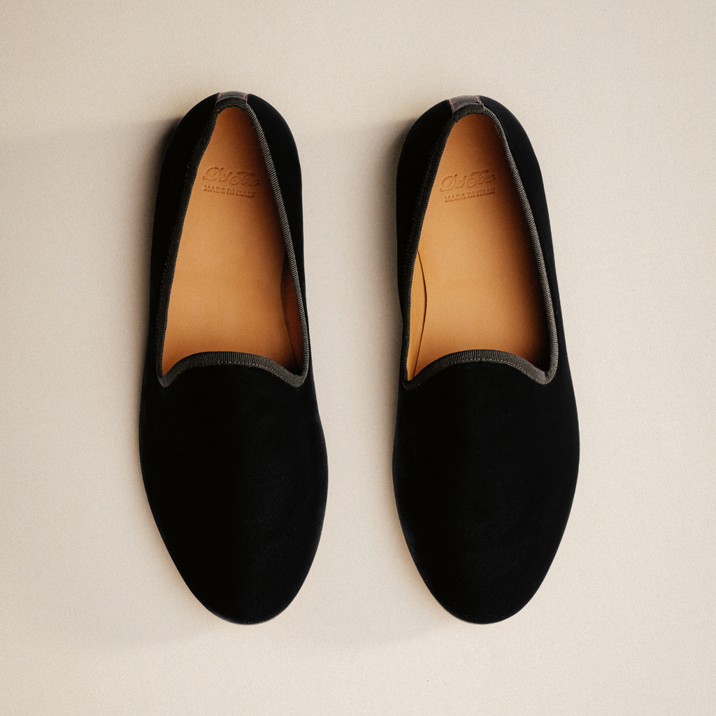 Men's Black Velvet Slipper II With Black Grosgrain Stripe Del Toro Shoes