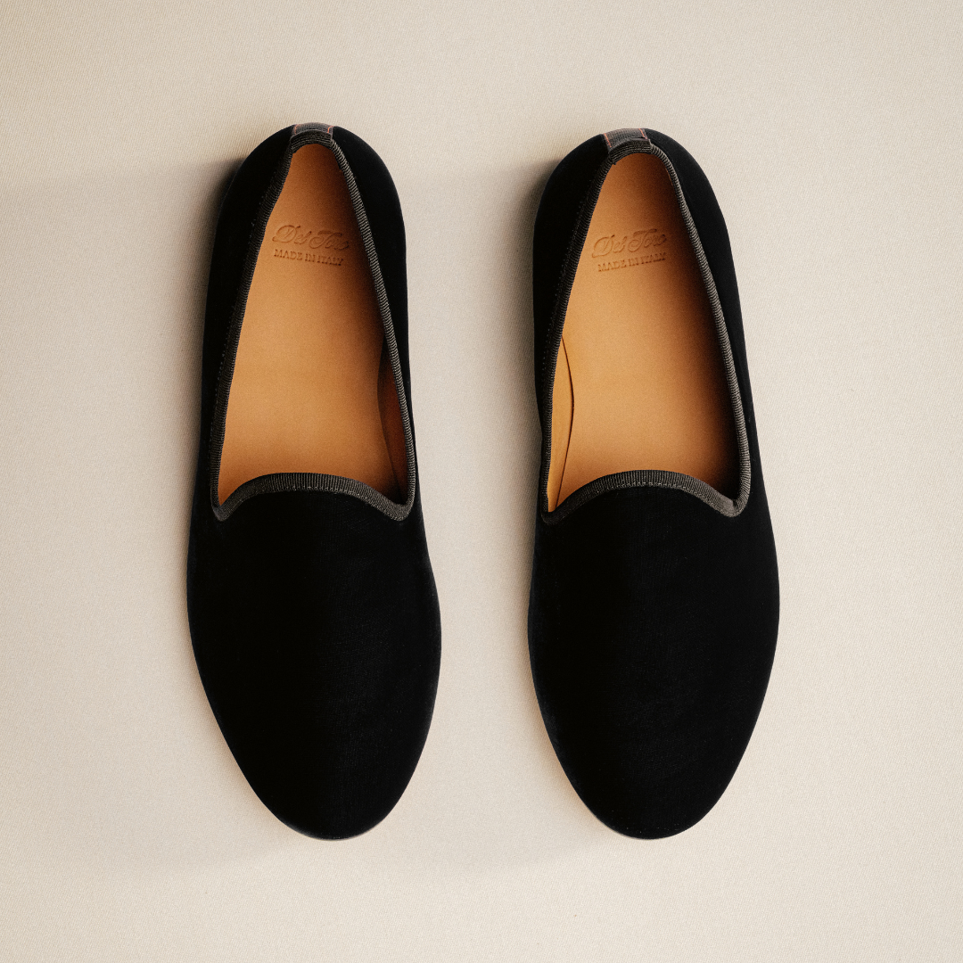 Men's Black Velvet Slipper II With Black Grosgrain Stripe Del Toro Shoes