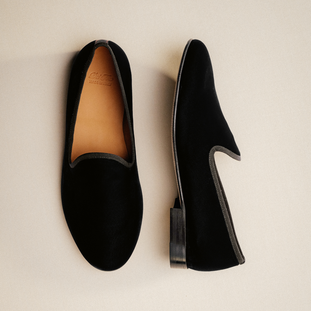 Men's Black Velvet Slipper II With Black Grosgrain Stripe Del Toro Shoes