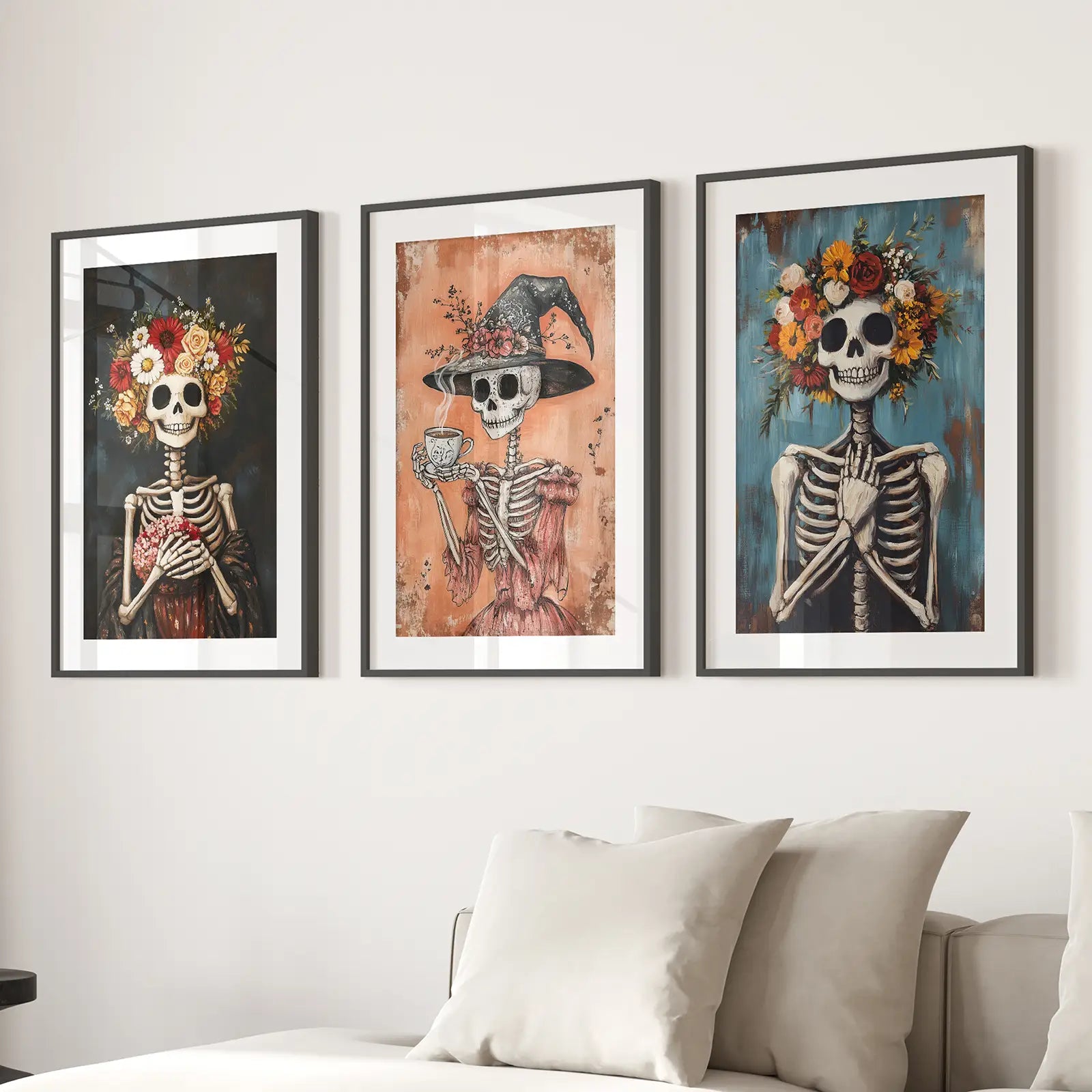 Cozy Floral Skeleton Wall Art Decor Poster Set Wall Art Set