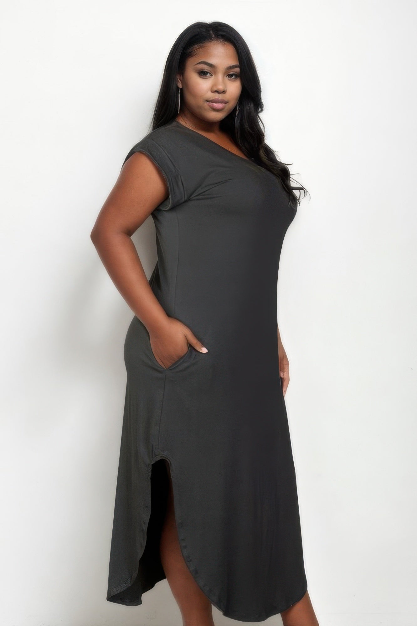 Hidden Pocket Batwing Sleeve V Neck Long Dress