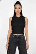 Slim-fit Sleeveless Polo Collar Crop Top Rose In Concrete 🥀