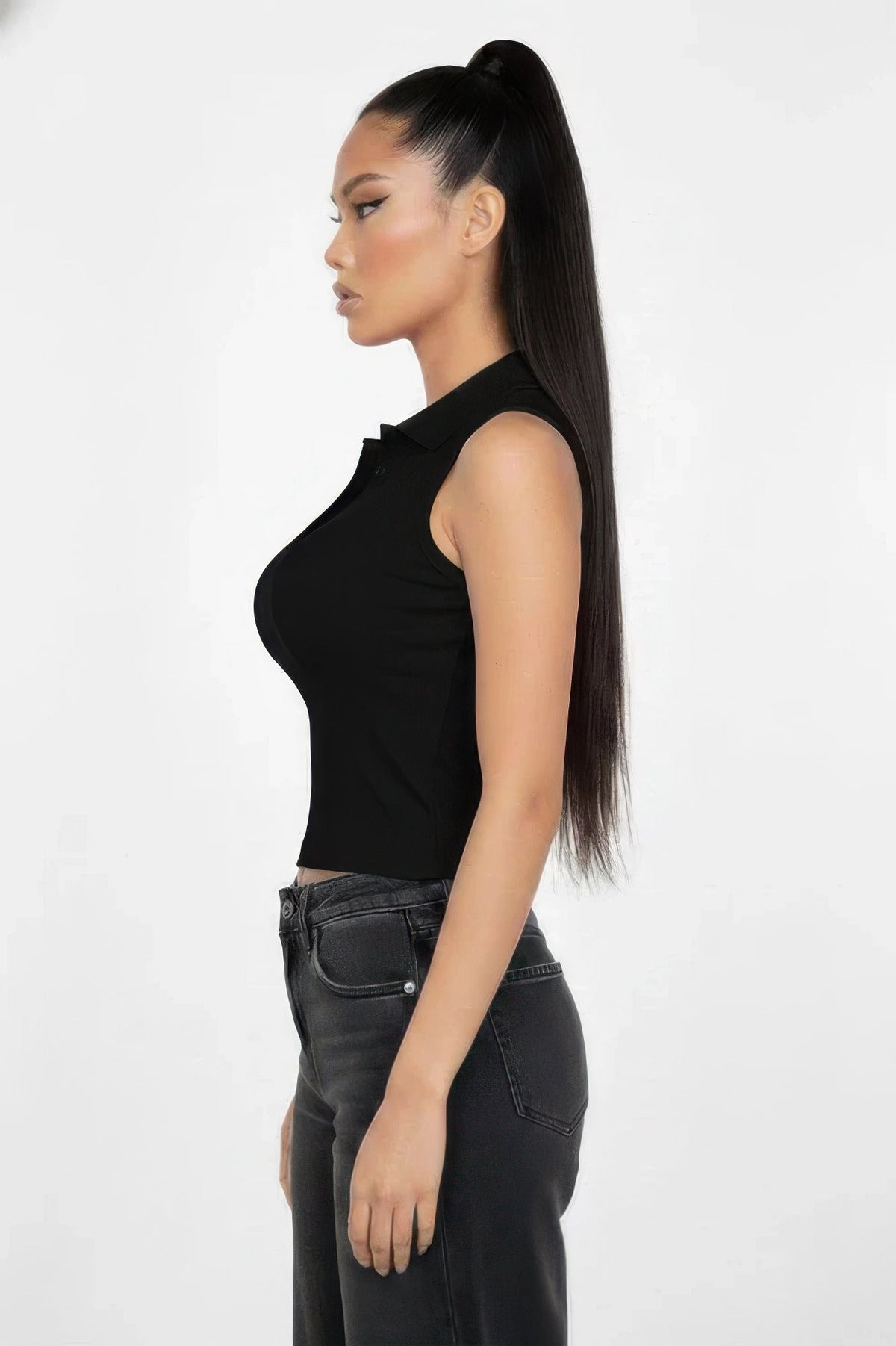 Slim-fit Sleeveless Polo Collar Crop Top Rose In Concrete 🥀
