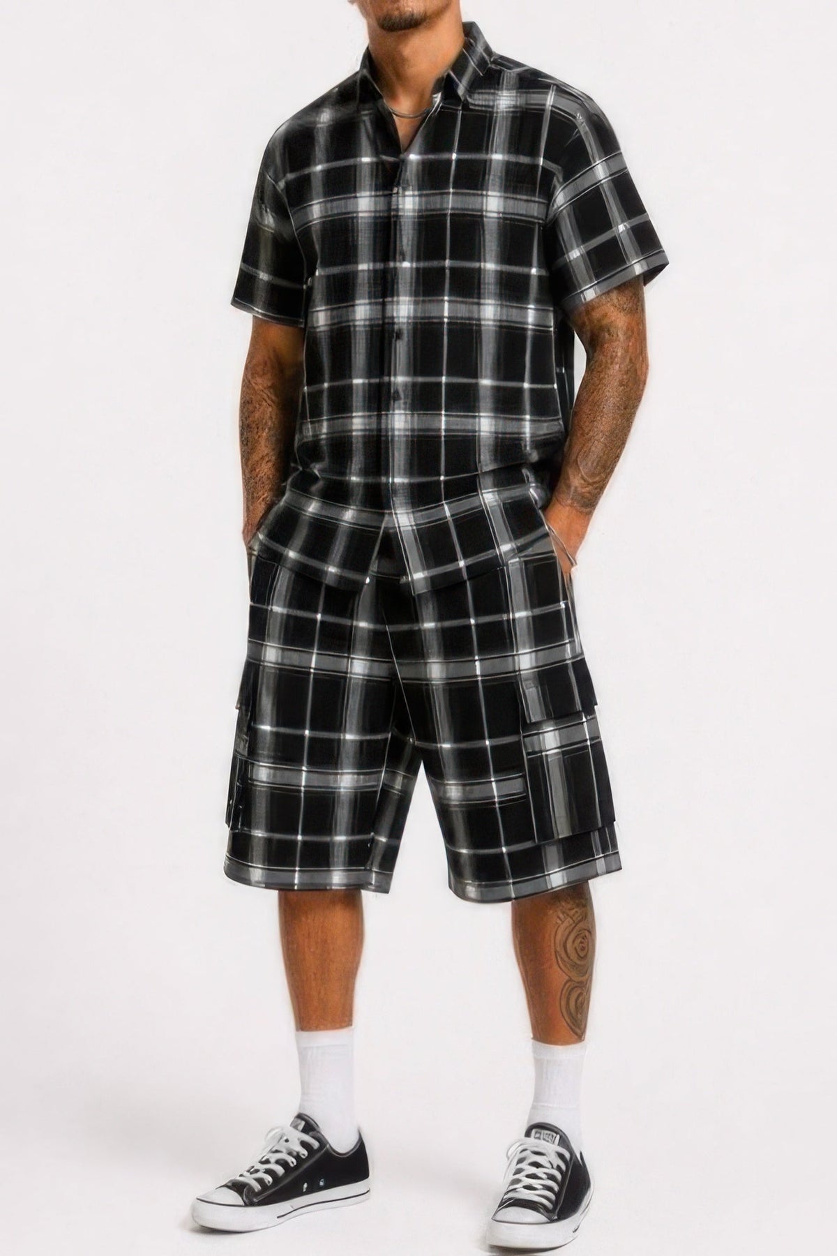 Mens Checkered Shirt And Cargo Shorts Set Rose In Concrete 🥀