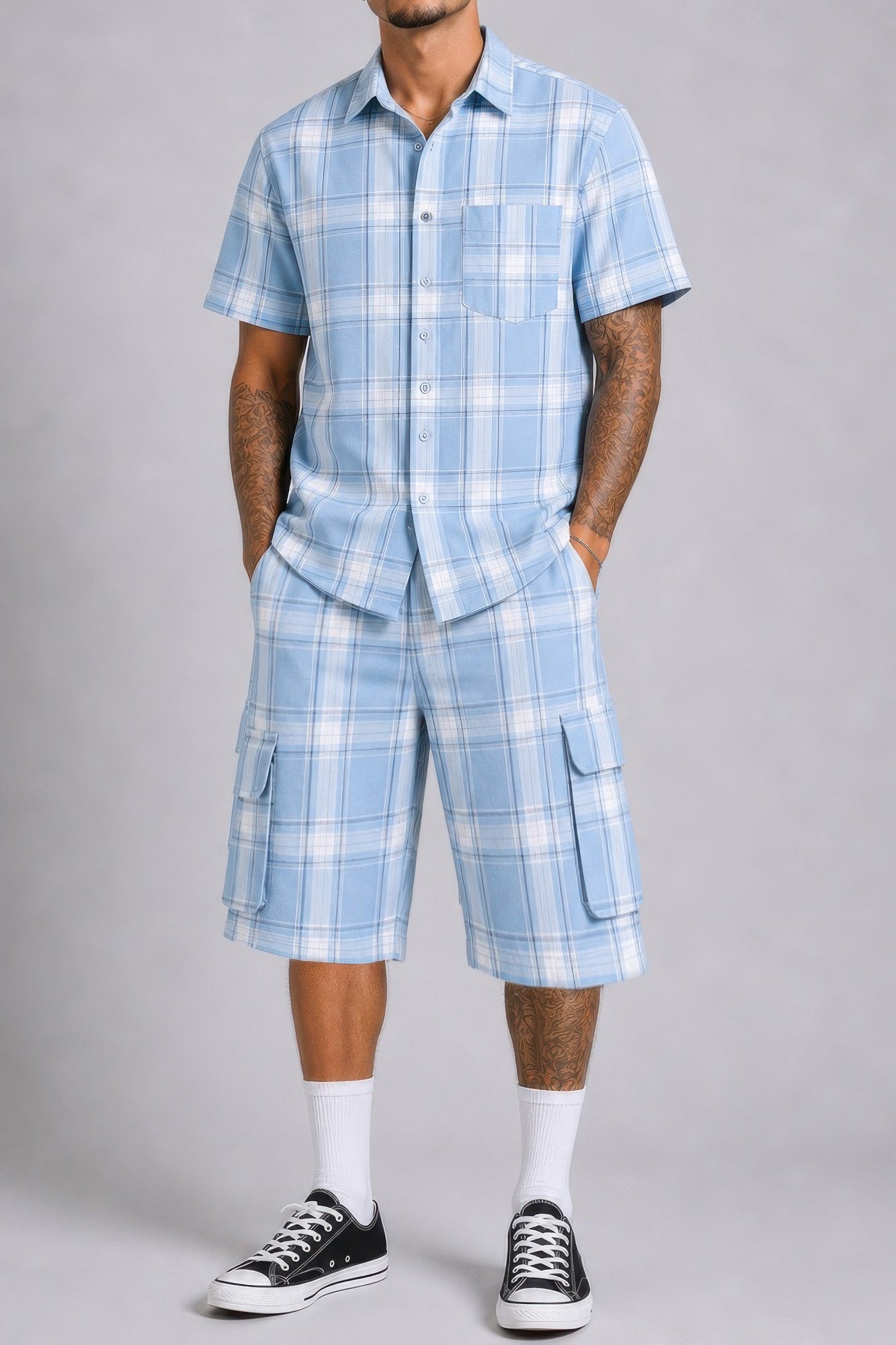 Mens Checkered Shirt And Cargo Shorts Set Rose In Concrete 🥀