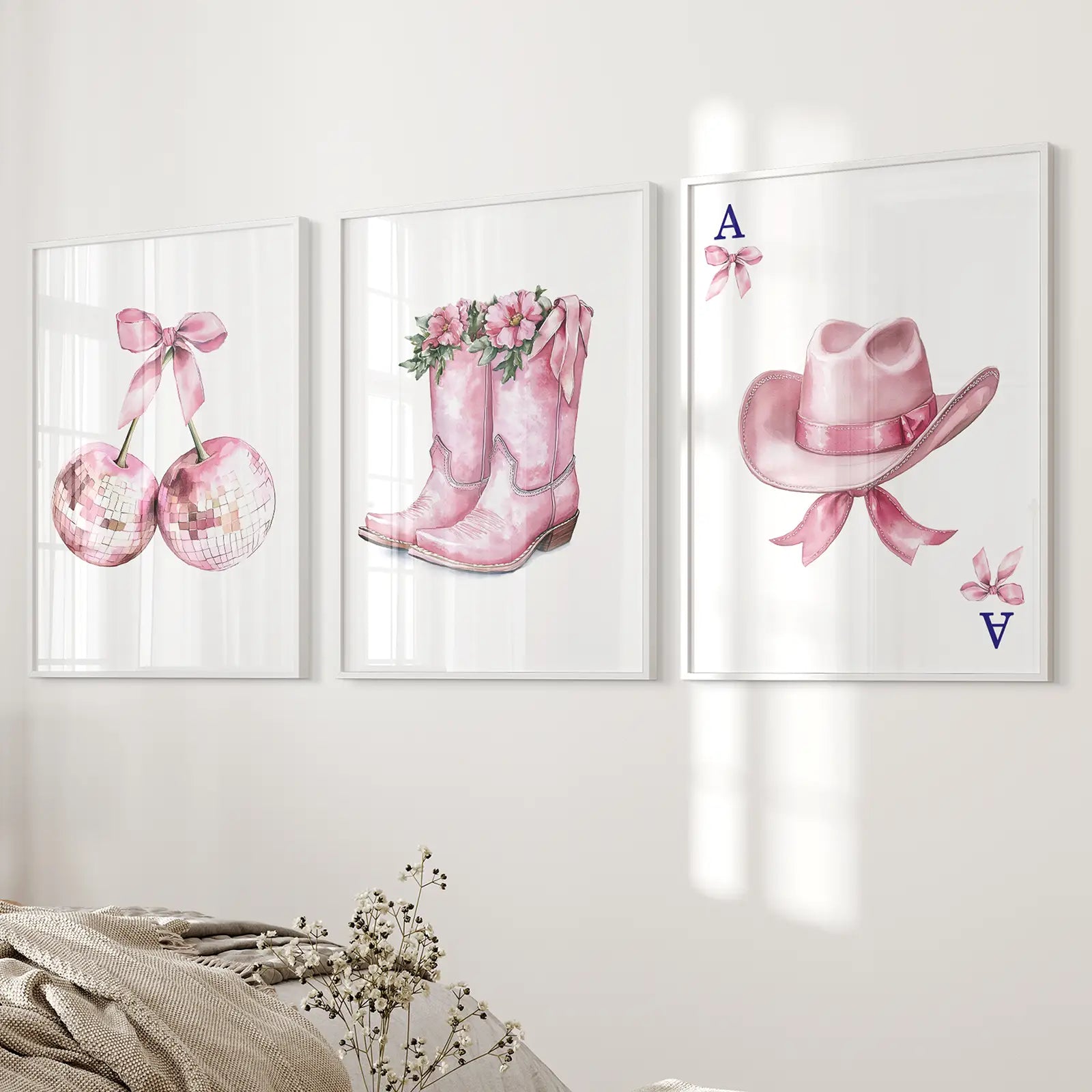 Cowgirl Hat and Boots Wall Art Pink Poster Set Wall Art Set
