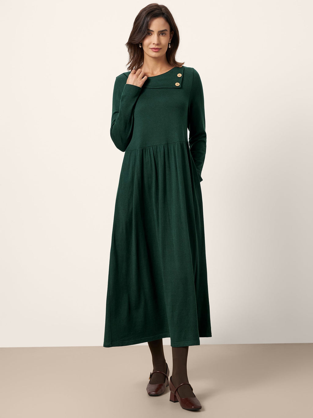 Wool Layered Neck Pleated Midi Dress BILLIE LINTICO
