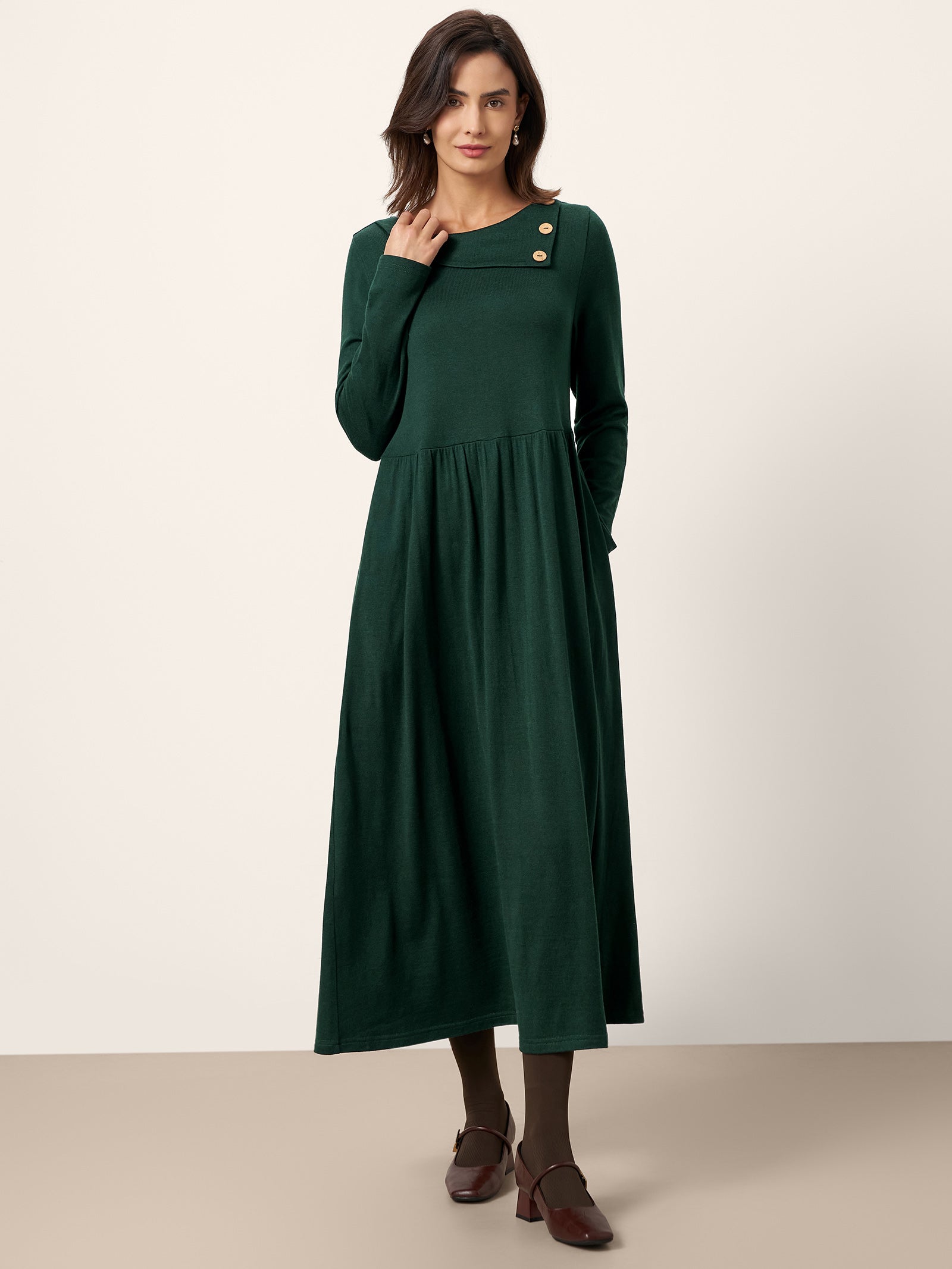 Wool Layered Neck Pleated Midi Dress BILLIE LINTICO
