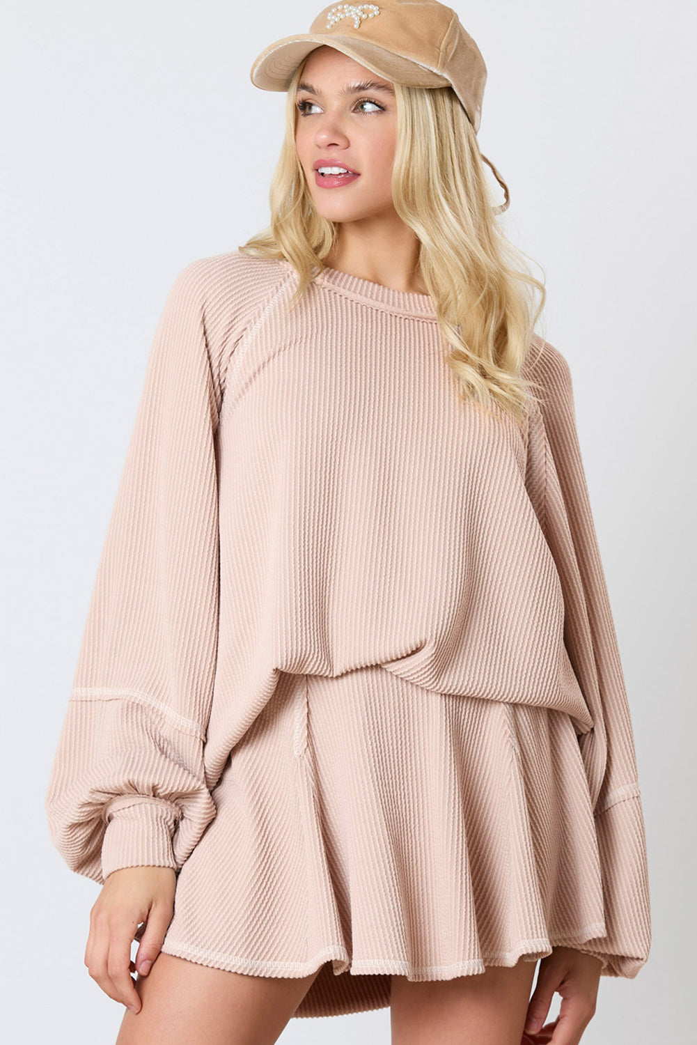 Jet Stream Corded Lantern Sleeve Top High Waist Ruffled Mini Skort Set