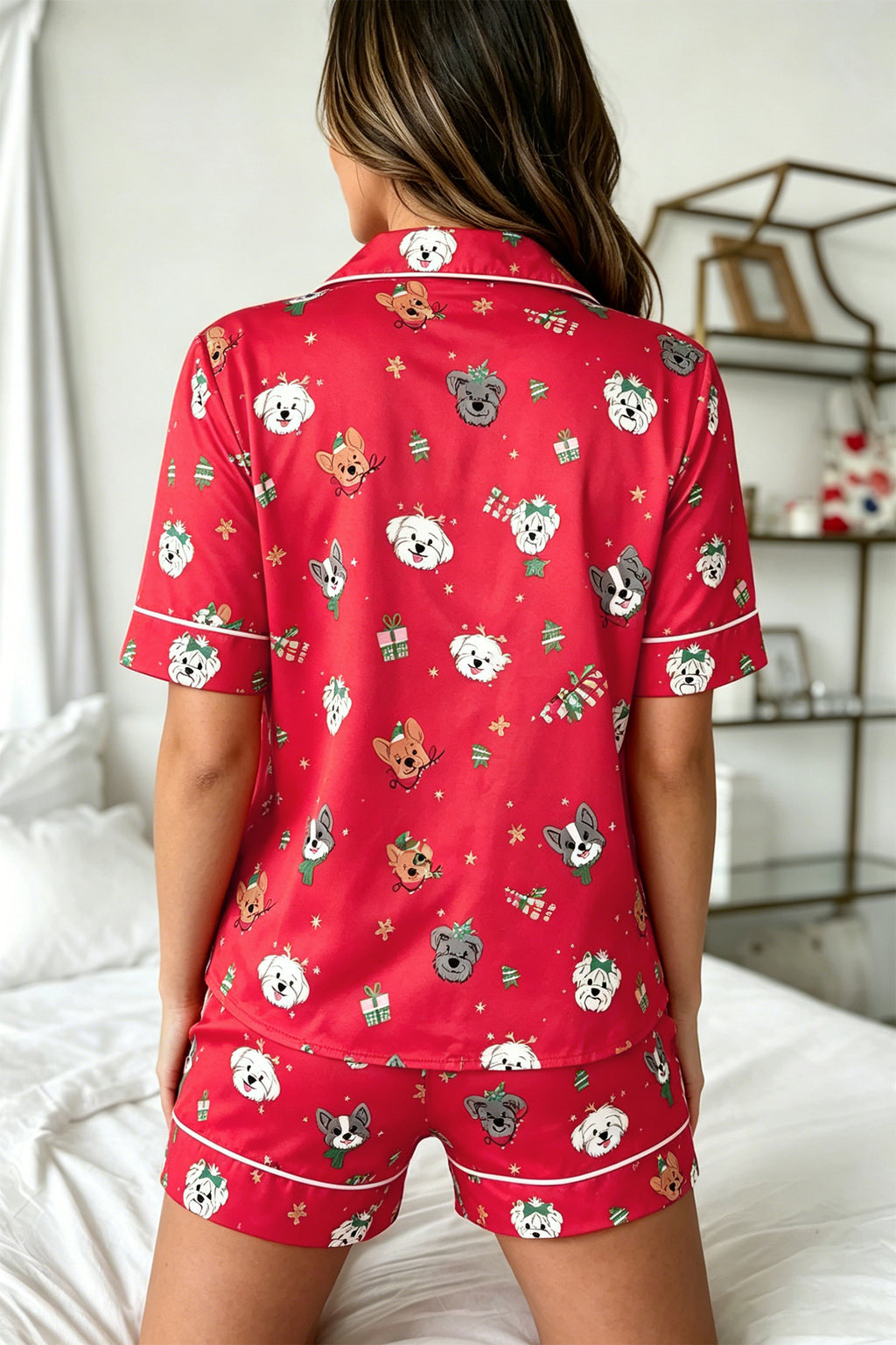 Racing Red Festive Dog Print Short Sleeve Two Piece Lounge Set