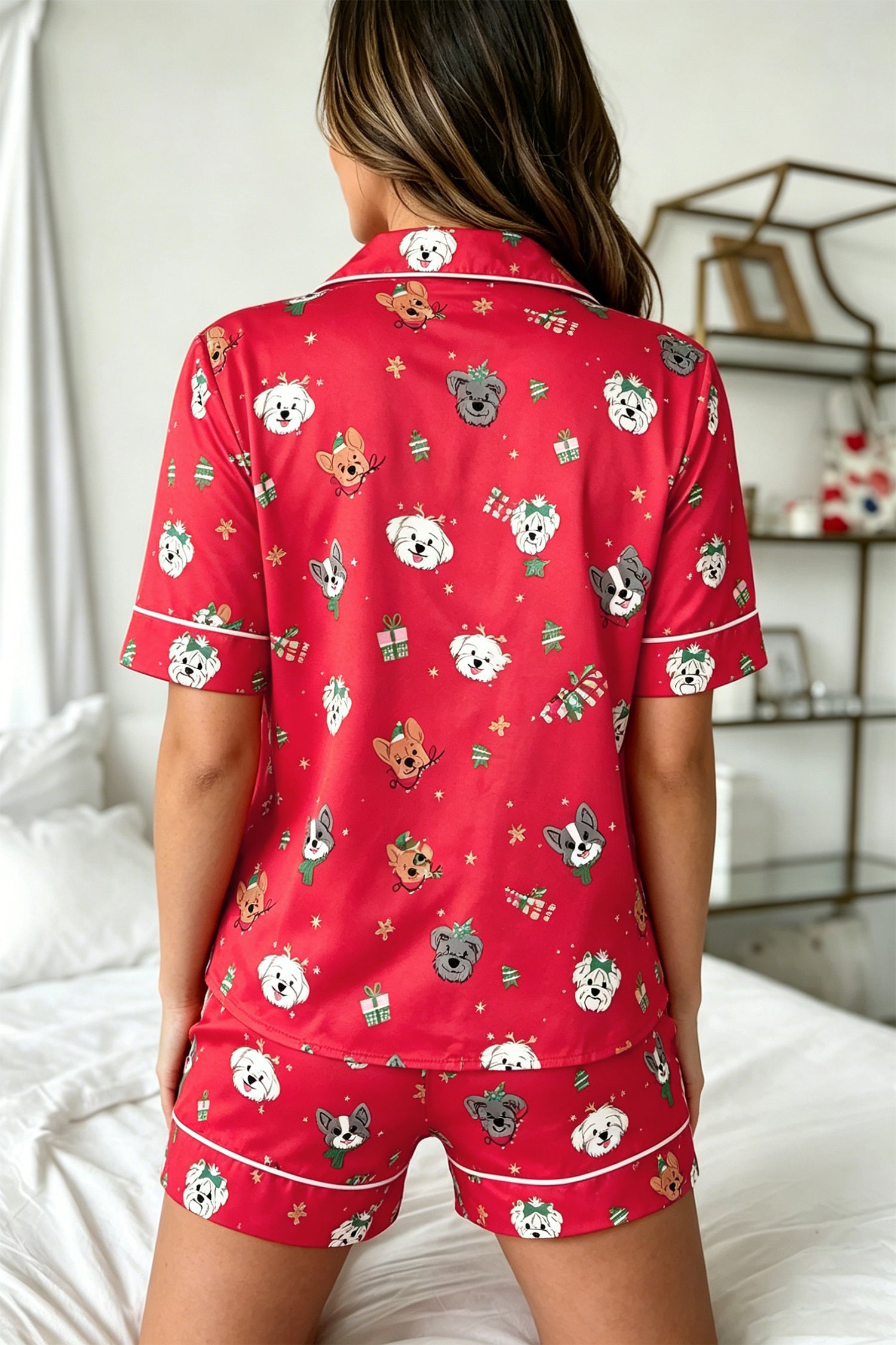 Racing Red Festive Dog Print Short Sleeve Two Piece Lounge Set