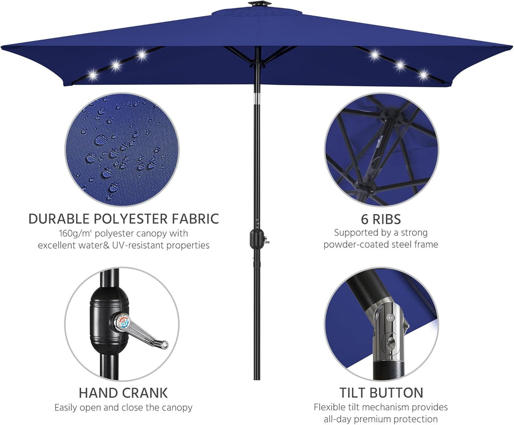 Rectangular 6.5X10 Ft Navy Blue Solar Powered Umbrella