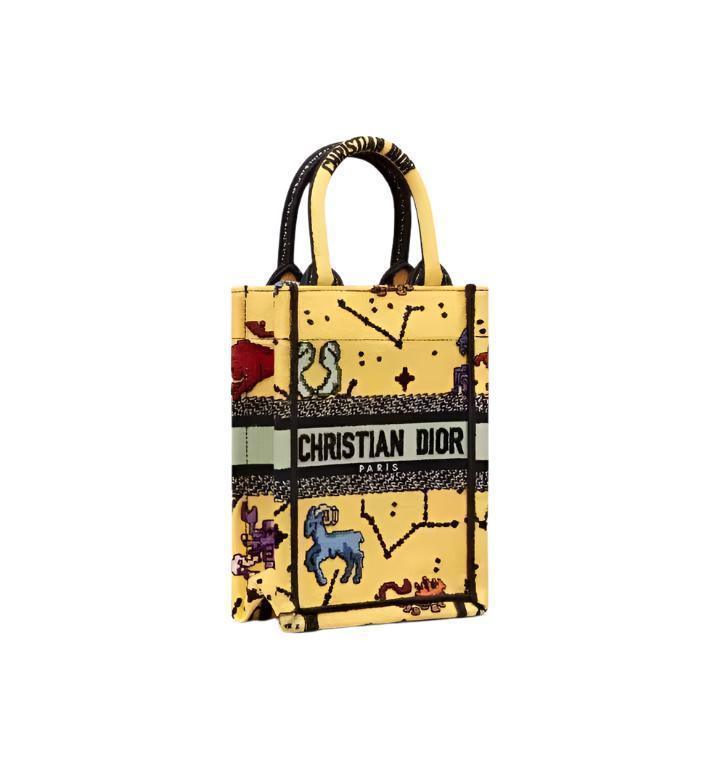 Christian Dior Canvas Embroidered Pixel Zodiac Mini Book Tote Phone Bag in Latte Multicolor Banlieue91