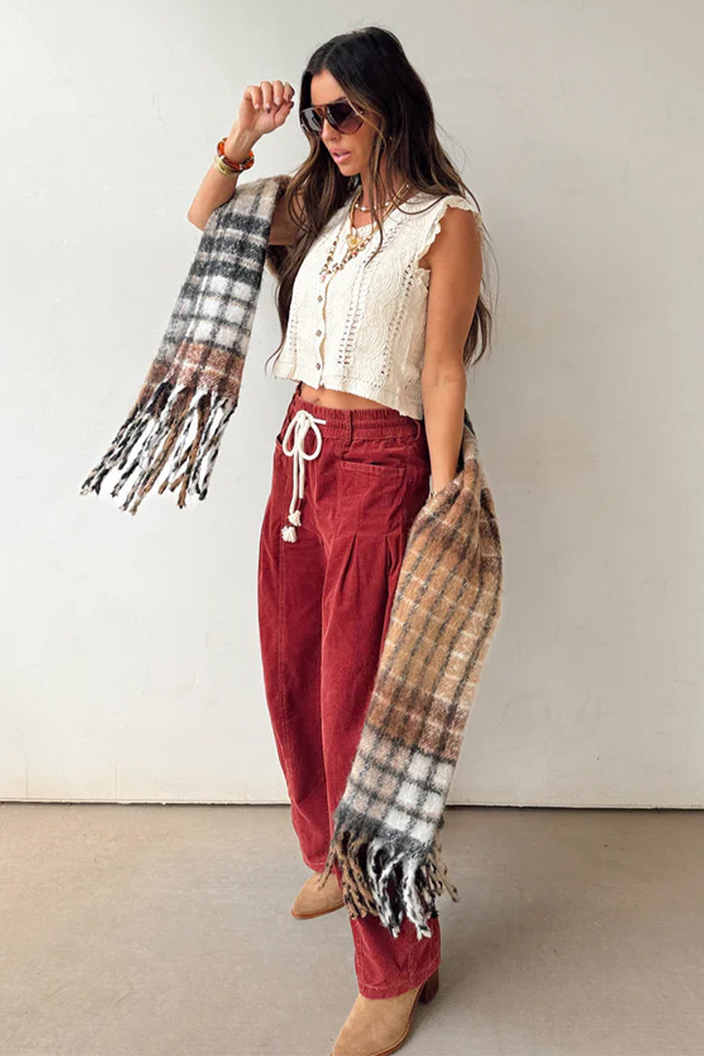 Racing Red Elastic Waist Drawstring Corduroy Casual Pants Shewin