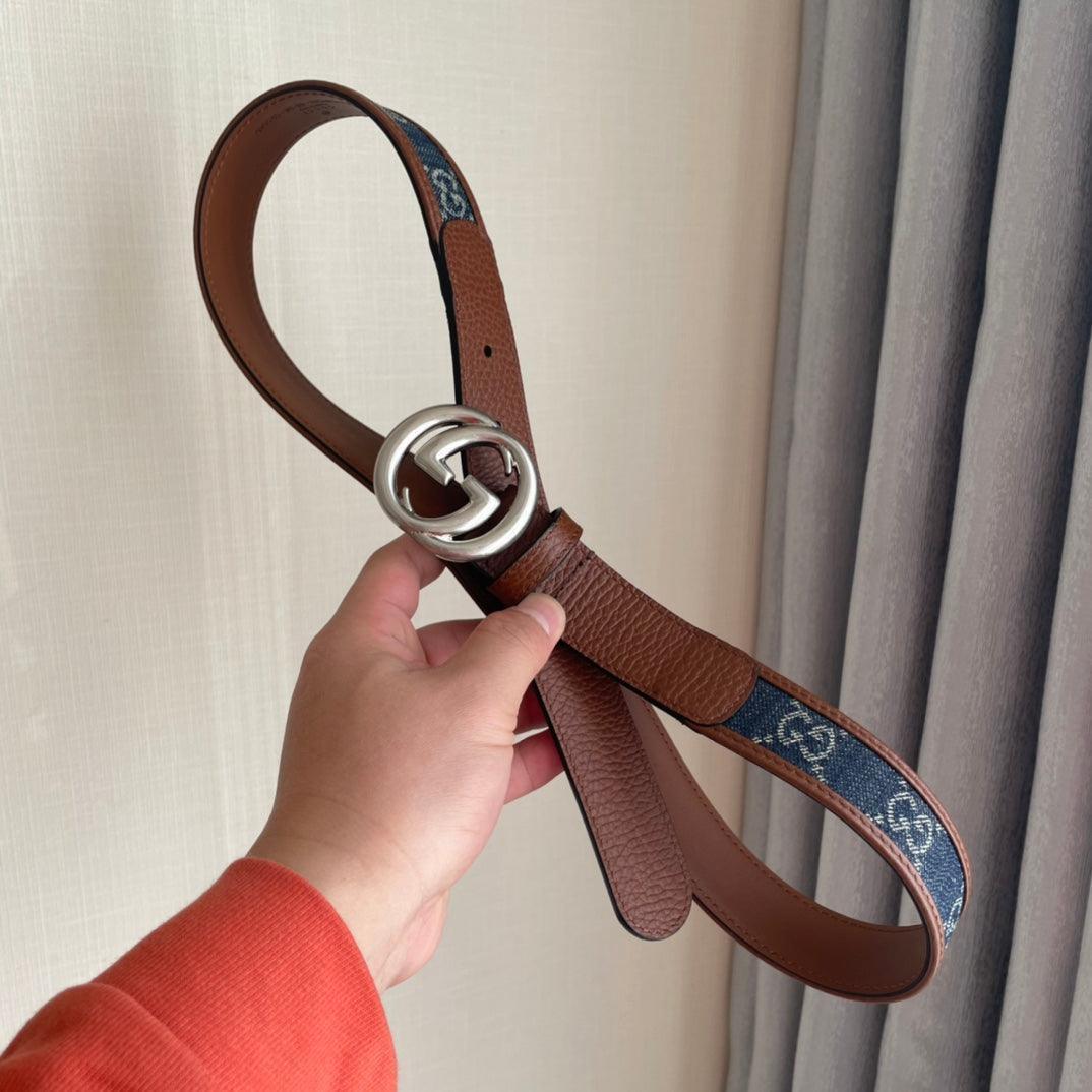GUCCI Embellished coated-canvas and leather belt 'Brown/Blue' Banlieue91
