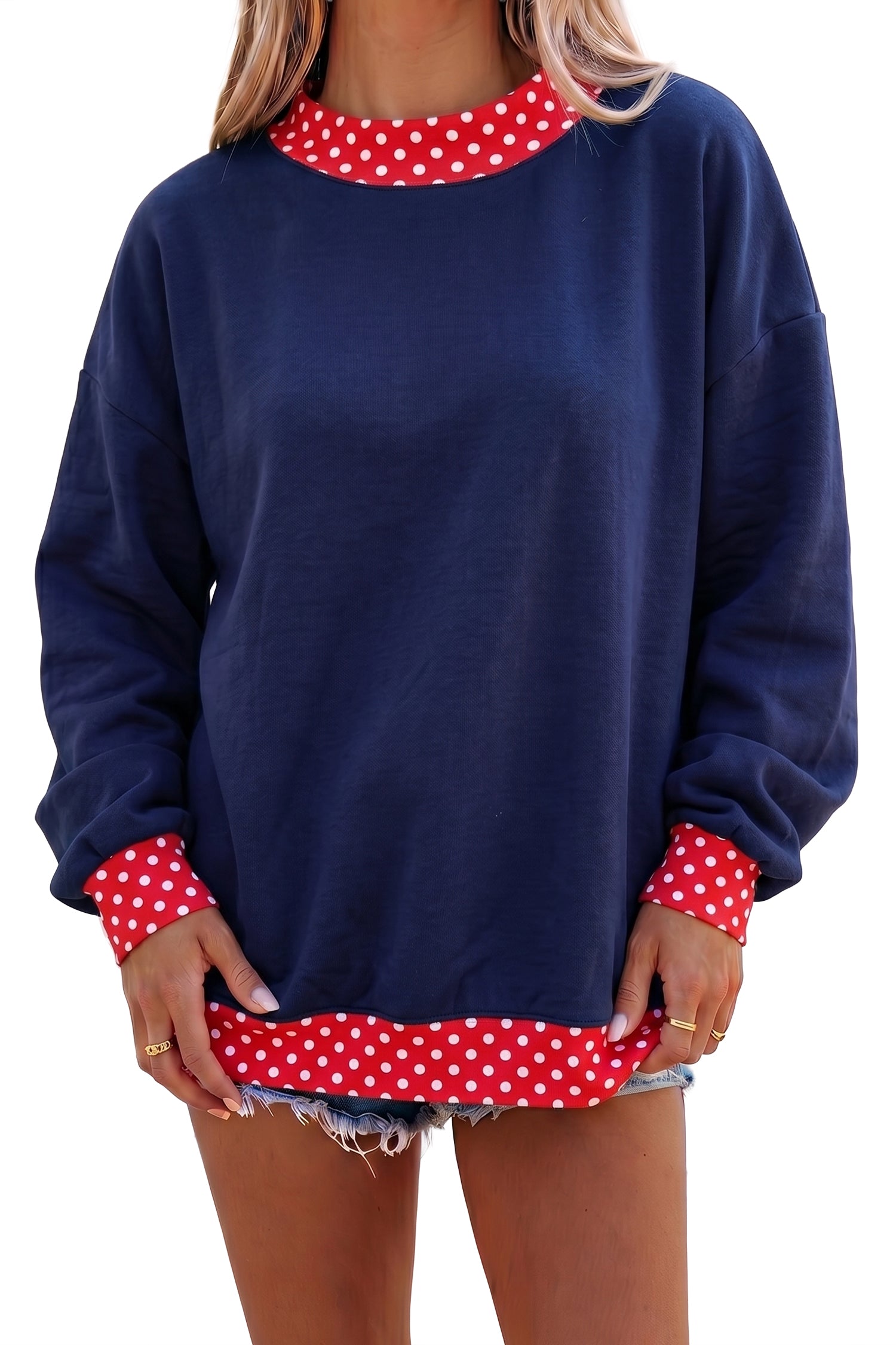 Brown Colorblock Polka Dot Contrast Trim Oversized Sweatshirt