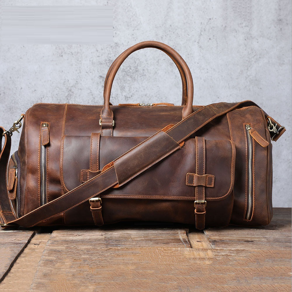 Men's Retro Genuine Leather Super Large Capacity First Layer Cowhide Leather Hand Luggage Bag Pi-Mart