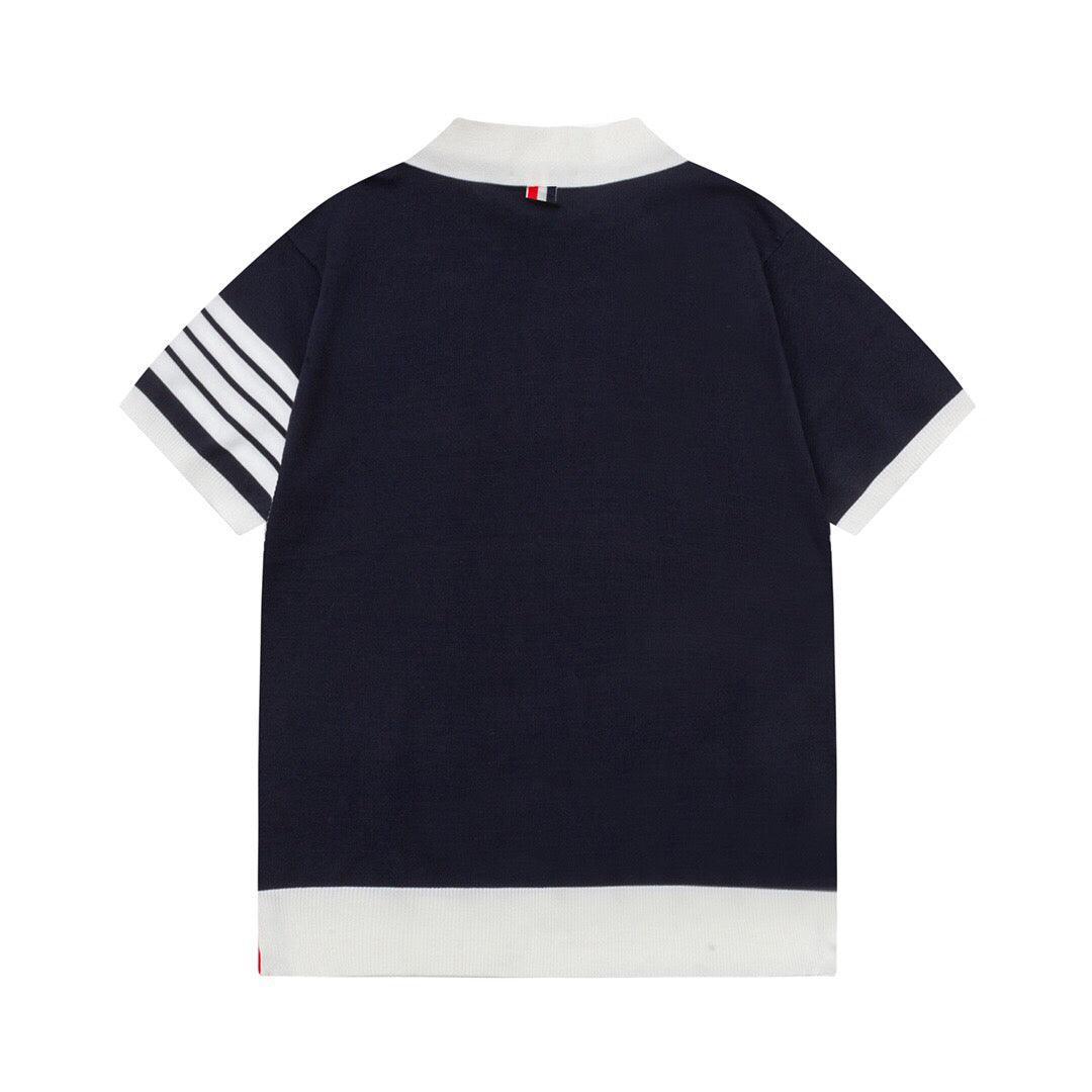 Thom Browne Navy Blue & White T-Shirt with Collar Banlieue91